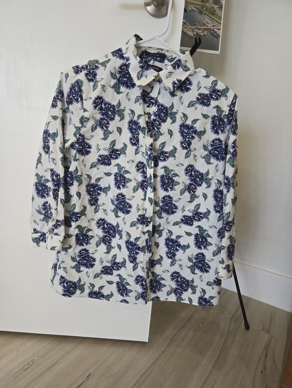 Women's White Floral Button-Up Shirt with Blue Print